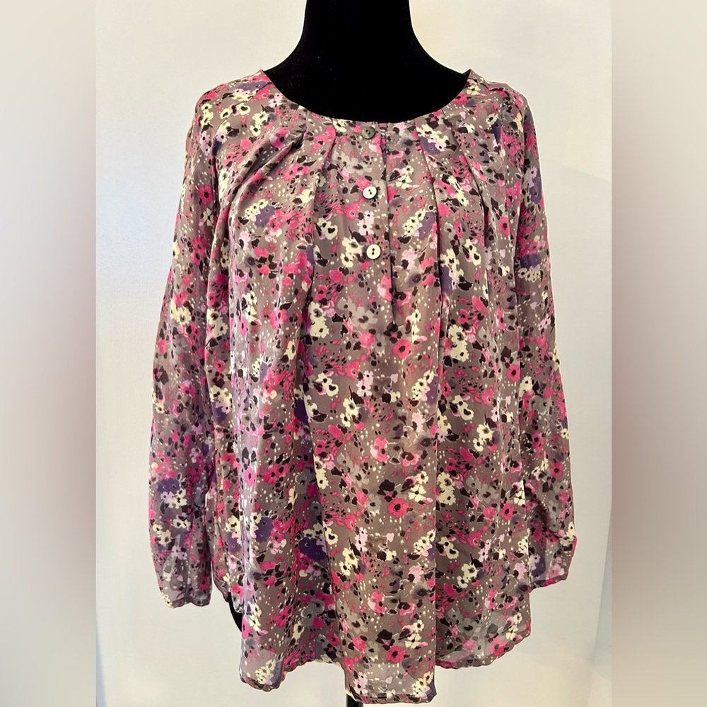 ULLA JOHNSON Silk Multicolor Pink-Grey-Ivory Floral Top 3/4 Sleeves US 4-8